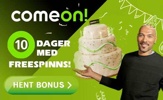Få 500 % bonus & 100 spinn hos 10 år gamle ComeOn Comeon 10 dager bonus